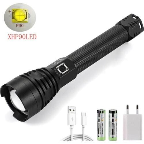 New Aluminum High lumen powerful XHP90 LED Flashlight USB Zoom Rechargeable torch Camping Outdoor Lamp