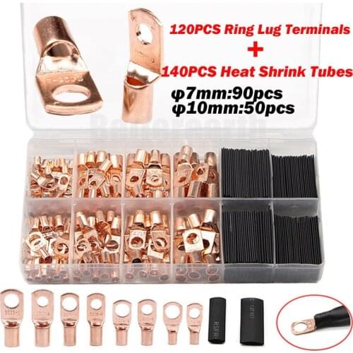 260/140/60PCS Assortment Car Auto Copper Ring Terminal Wire Crimp Connector Bare Cable Battery Terminals Soldered Connectors Kit