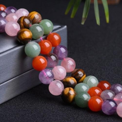 Natural Loose Round Assorted Color Rose Quartzs Amethysts Carnelian Red Agates Green Aventurine Tiger Eye Mixed Stone Beads