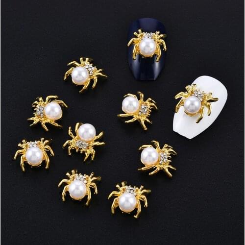 10 Pcs/pack New Glitter Gold Spider 3d Nail Accessories Charms Jewelry DIY Pearl Alloy Nail Art Decorations Nails Tools