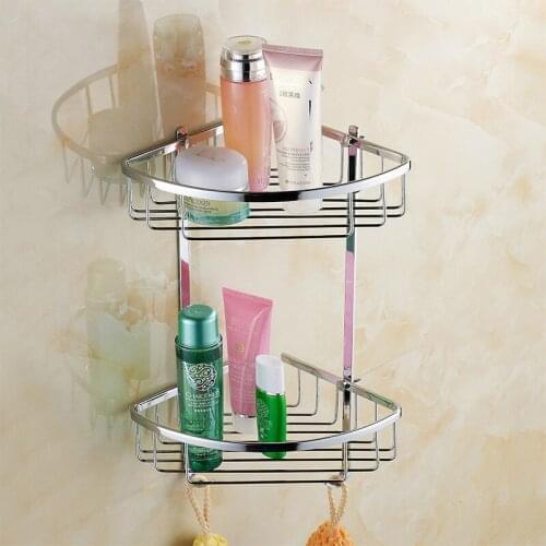 NEW Hot Sale bathroom vanity wall mounted shower basket stainless steel polish chrome finish double shelves w/ 2 hooks