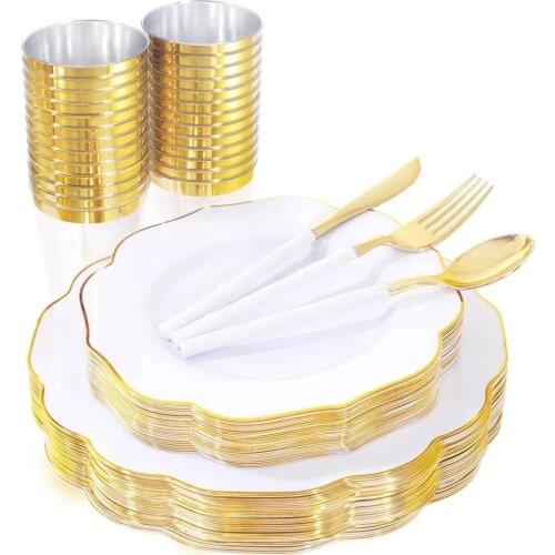 60-Piece Party Disposable Tableware Bronzing Lace-Shaped Plastic Plate Cup Silverware Set Birthday Wedding Party Supplies