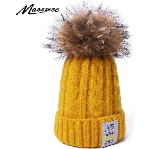 Unisex Solid Color Women Beanie Cap Winter Knitted Casual Real Fur Pompon Hats Keep Warm Hats High Quality Outdoor Cap Bonnet
