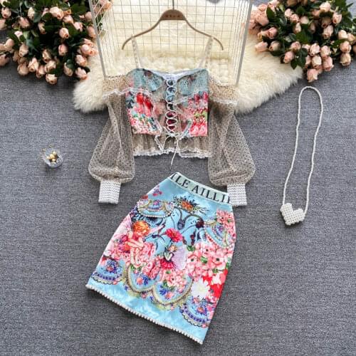 SINGREINY Women Summer Design Print Set Sexy Off Shoulder Dot Mesh Long Sleeve Short Strap Tops+High Waist Skirt Two Piece Suits