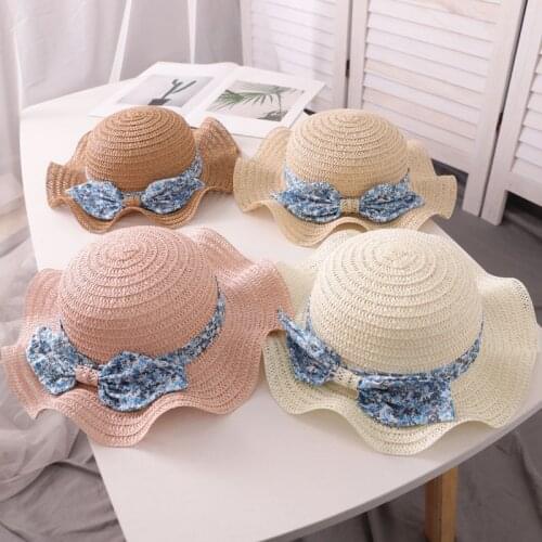 Parent-Child Summer Thin Sunhat Pure Color Floral Bow Sunscreen Breathable Girl Boy Baby Beach Caps For Women Men Kid Straw Hats