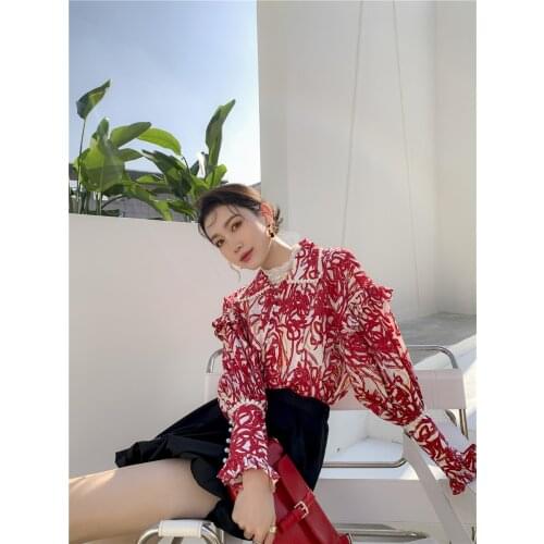 Retro Red Print Pearl Buttons Blouse Women Spring New Long Sleeve Shirt Fashion Tops 2021