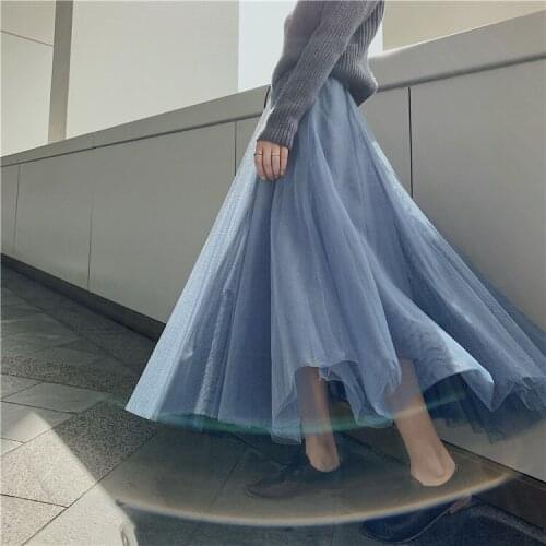 Maxi Skirt A-Line Mesh Long Skirt Casual Clothes Faldas Jupe Femme Saia Sherhure 2021 Pure Color Women Summer High Waist Boho
