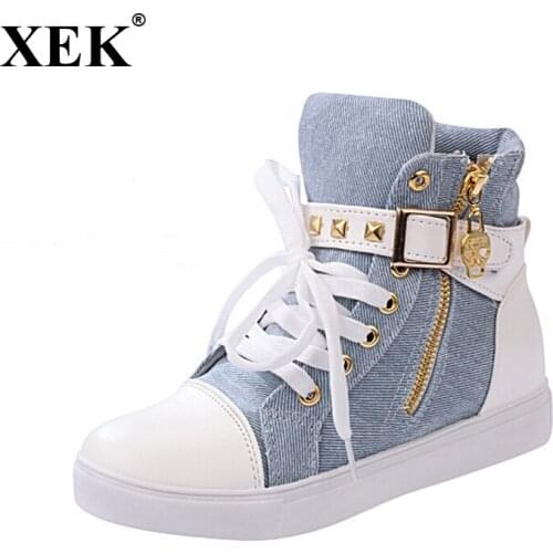 Size 36~40 New 2017 Womens flats high top flats quality zipper canvas rivet leather shoes woman