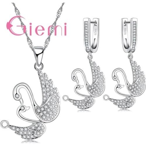 Cubic Zirconia 925 Sterling Silver Exquisite Gorgeous Crystal Swan Style Ladies Necklace Earrings Set Best Gift Sending