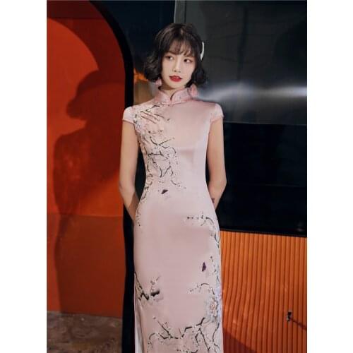 Long Satin Female Qipao Sexy Print Flower Chinese Style Cheongsam Plus Size 3XL-4XL Evening Party Dress Gown Vintage Vestidos