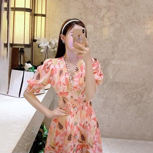 V Neck Puff Sleeve Vintage Dress For Woman 2021 Summer High Waist Party Dresses Woman Clothing Printed Runway Pink Dress Female