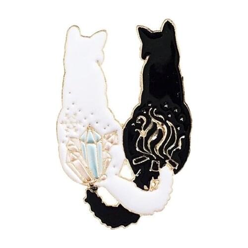 Cute Cartoon White Black Cat Metal Enamel Brooch Creative Fun Ice and Fire Tail Tangle Cat Badge Pin Trendy Jewelry Accessories