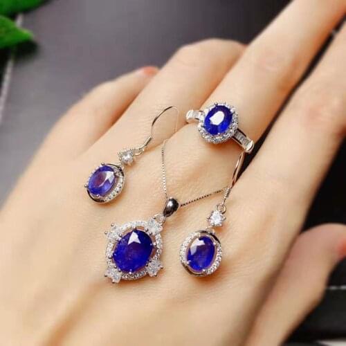 925 Silver Jewelry set Natural Sapphire Pendant Earring Ring sets Women Jewelry