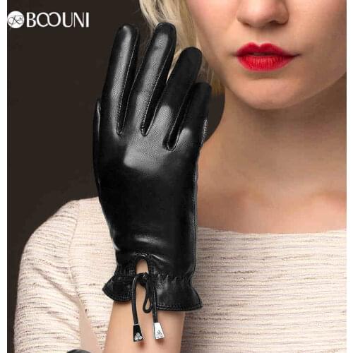 BOOUNI Genuine Leather Gloves Autumn Winter Fashion Women Sheepskin Finger Gloves Warm Plus Velvet Driving Glove NW775