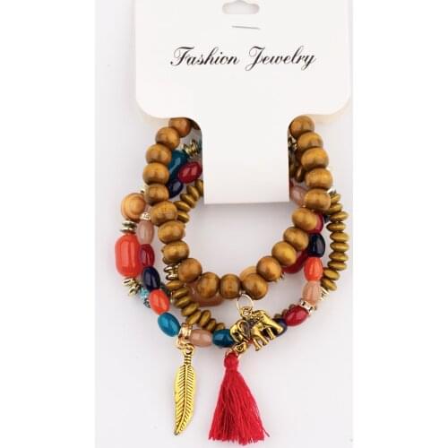 3pcs/Set Chain Bracelets For Women Accessories Fashion Wooden Beads Bangles Charm Hand Heart Leaf Bracelet Boho Style Jewelry