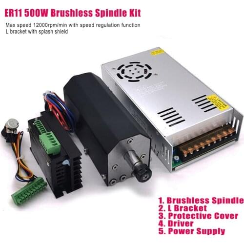 ER11 CNC 500W DC Brushless Spindle Motor 12000rpm Air Cooled Spindle with L Bracket and Driver Power Supply Speed Governor