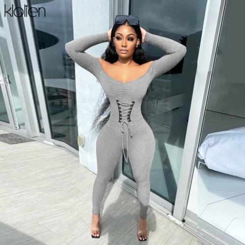 KLALIEN Fashion Sexy Off Shoulder Bandage Skinny Solid Rib Knitted Jumpsuit Women Casual Street Sporty Activewear Female Romper