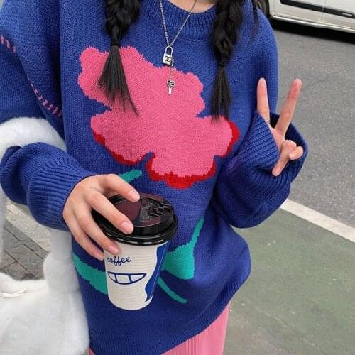Korobov Korean O Neck Long Sleeve Oversize Sweaters Pullovers Japanese Style Chic Kawaii Flower Knit Sweater Vintage Jumpers