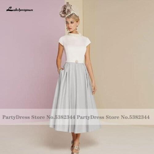 Lakshmigown Chic Satin Mother Of The Bride Dresses With Beadings High Collar A-line Elegant Women Evening Party Dress Tea Length