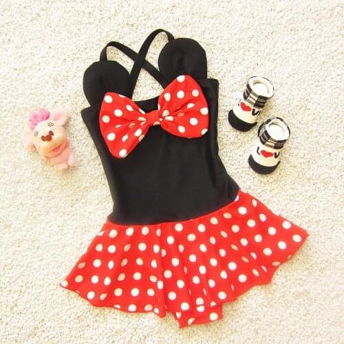 Summer Girls Swimwear Kids Suspender Tutu Swimming Suit Black Red and White Dot Beachwear Children Clothes