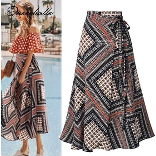 M - 5XL Summer Sexy Women Lace Up Skirts Fashion High Waist Loose Long Wrap Skirt Ladies Vintage Print Beach Style Skirt Female