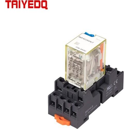 Plug-in Miniature Power Intermediate Relay + With Socket RKF4C Set 6A 14 Feet 4NO4NC Electromagnetic Relay DC24 AC230