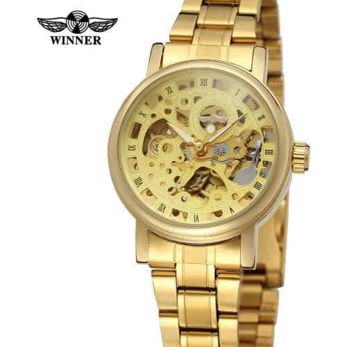 Fashion Winner Top Brand Women Stylish Automatic Self-wind Skeleton Analogue Luxruy Gold Full Stainless Steel Gift Girl Watch