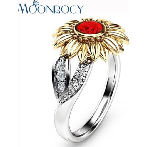 MOONROCY Silver Color CZ Fashion White Purple Red Blue Crystal Rings Sunflower Jewelry Wholesale for Women Gift Drop Shipping
