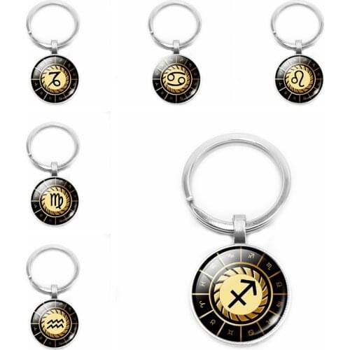 2019 New Keychain 12 Constellation Gold Saint Seiya Glass Cabochon Pendant Key Ring Fashion Jewelry Family Friends Gift
