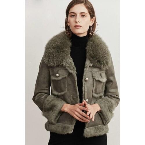 New new short style long-sleeved rabbit leather with fur coat female lapel fox fur leather coat female