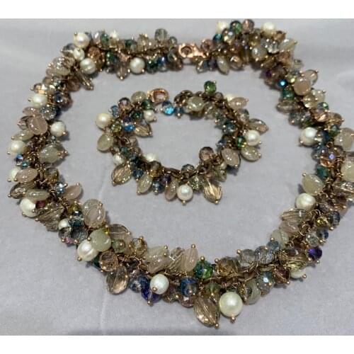 Natural fresh water pearl and crystal necklace and bracelet jewelry set fashion women jewelry free shipping 50CM 20CM