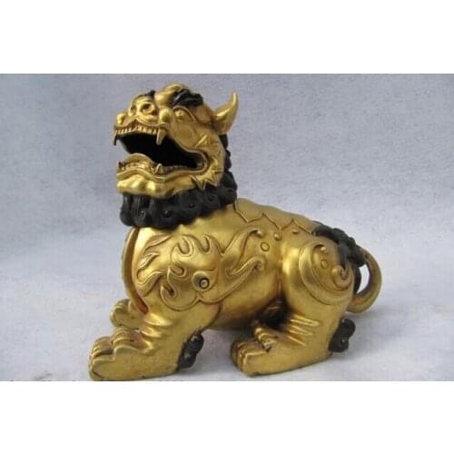 Song voge gem S0492 100% Pure Bronze 24K Gold Gild Buddhism Foo Dog Lion incense burner statuary