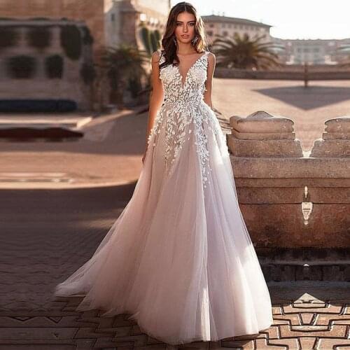 O Neck Tulle Wedding Dresses A Line Lace Appliques Bridal Wedding Gowns Sleeveless Vestido De Noiva Floor Length Custom Made