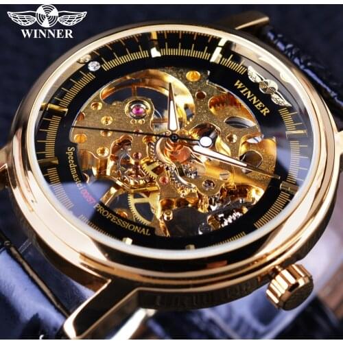 Winner 2017 Professional Series Transparent Golden Case Diamond Display Gear Skeleton Mens Top Brand Luxury Mechanical Watches