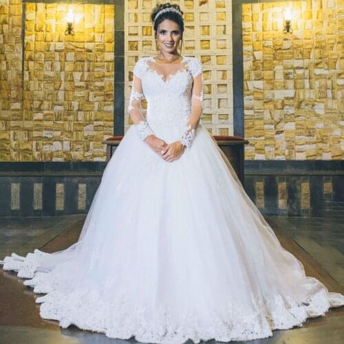 See Through Scoop Neckline Long Sleeves Bridal Dress Applique Lace Crystals Ball Gowns Wedding Dress vestido de noiva sereia