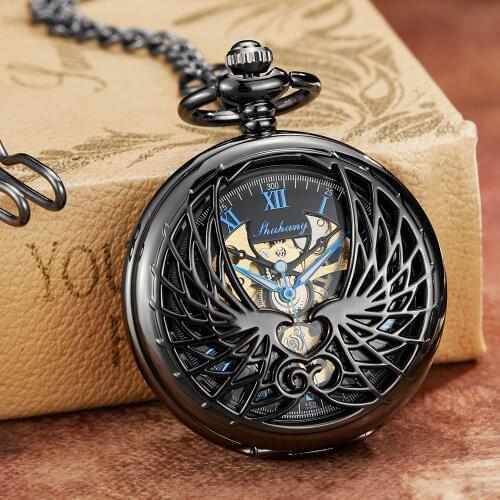 Luxury Black Love Wing Mechanical Pocket Watch Fob Chain Unique Hollow Design Skeleton Double Side Hand Wind Mechanical Watch