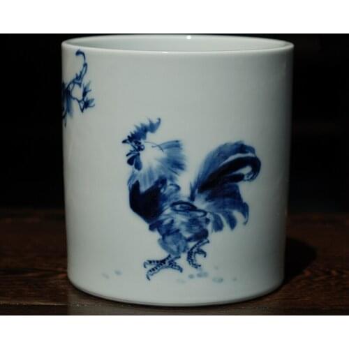 Hand-painted Blue and White Cock Pen Holder