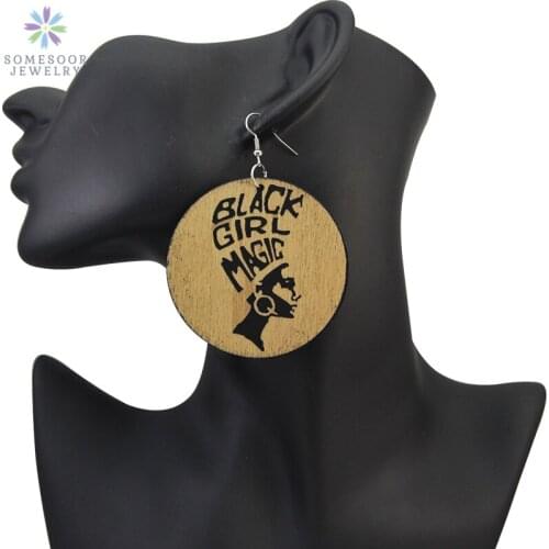 SOMESOOR Engraving African Wood Drop Earrings Carved Black Girl Magic Afrocentric Ethnic Black Vintage Jewelry For Women Gifts