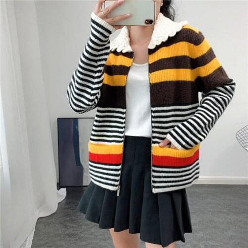 Thick 2020 Autumn Winter Sweater Coat Preppy Style Knitted Cardigan Striped Ruffles Turn-down Collar Zipper Cardigan Sweater