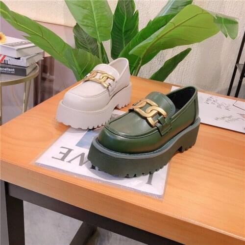 Leather platform shoes women 2021 new cowhide metal buckle platform loafers jk small leather shoes slope heel casual shoes