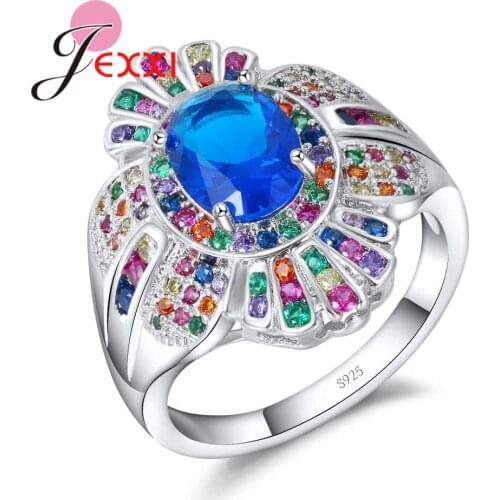 Exaggerated Party Rings With Colorful Cubic Zirconia Fashion 925 Sterling Silver Austrian Crystal Engagement Finger Ring