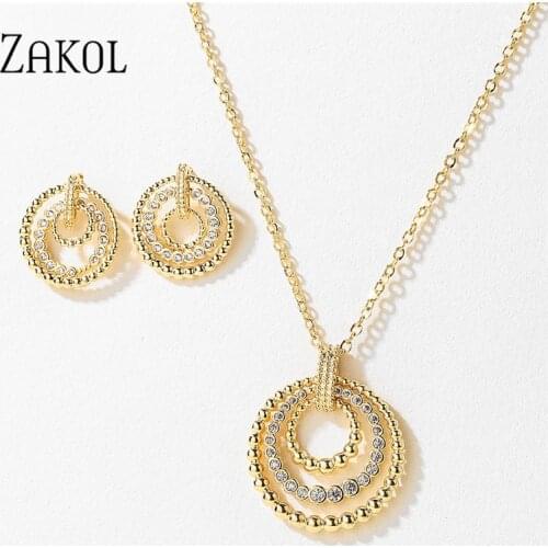 ZAKOL 3 Pcs Fashion AAA+ CZ Zirconia Round Hollow Out Dangle Earrings Necklace Bangle Set for Women Bridal Wedding Jewelry