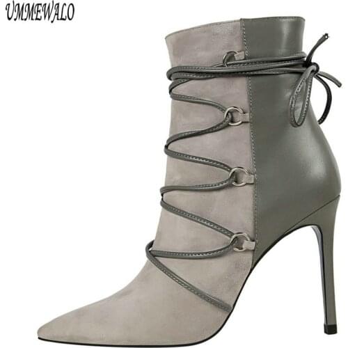 UMMEWALO Ankle Length Flock Boots Women Fashion Pointed Toe High Heel Shoes Winter Ankle Boots Ladies Shoes 126-2