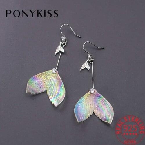 PONYKISS Trendy 100% 925 Sterling Silver Colored mermaid tail Drop Earrings For Women Party Delicate Accessory Fashion Gift