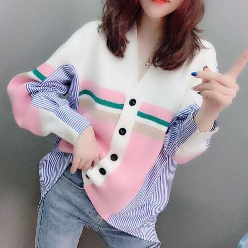 Shirt Stitching Sweater Cardigan Women Loose Korean Version of Wild Sweater Coat Irregular Thin New Cardigan