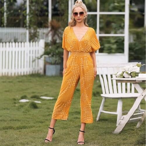 Summer Sexy V-neck Rompers Women Jumpsuit Polka Dot Printing Short Sleeve Loose Plus Size Straight Streetwear Jumpsuits