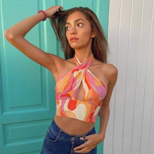 JUNWU Summer Women Orange Printed Cross Hanging Neck Sling Halter Sexy Backless Stretchable Design Zipper Short Holiday Za Style