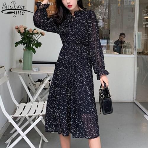 2021 Spring Korean Long Dress Women Printed Ruffled Floral Chiffon Dress Long Sleeve Elegant Summer Dress 13196