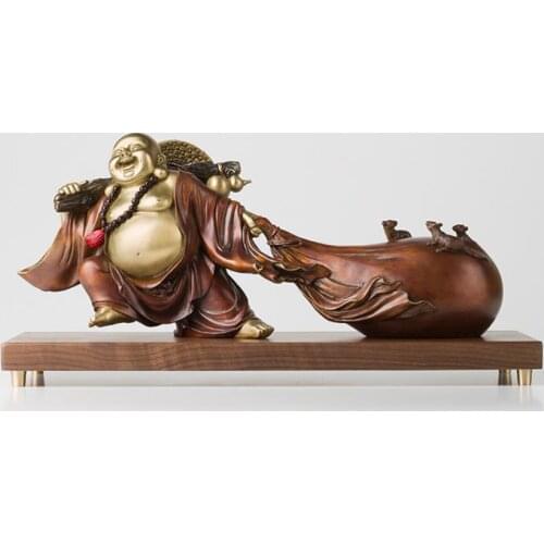 19.7 inches Chinese Art Deco Pure Brass Sack Monk Wealthy Maitreya buddha sculpture Decoration Home Furnishings Gift Statue