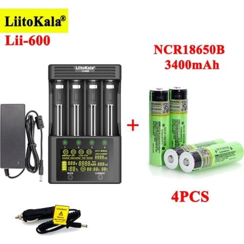 4pcs LiitoKala NCR18650B 3400mAh Rechargeable batteries with 1pcs Lii-600 Battery Charger for 3.7V Li-ion 21700 26650 1.2V NiMH